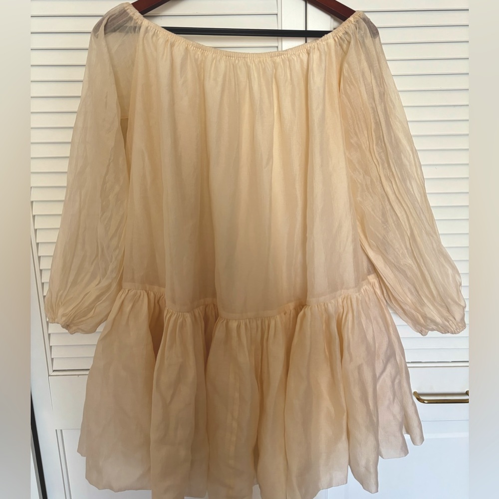 Off the shoulder flown organza dress with sheer sleeves